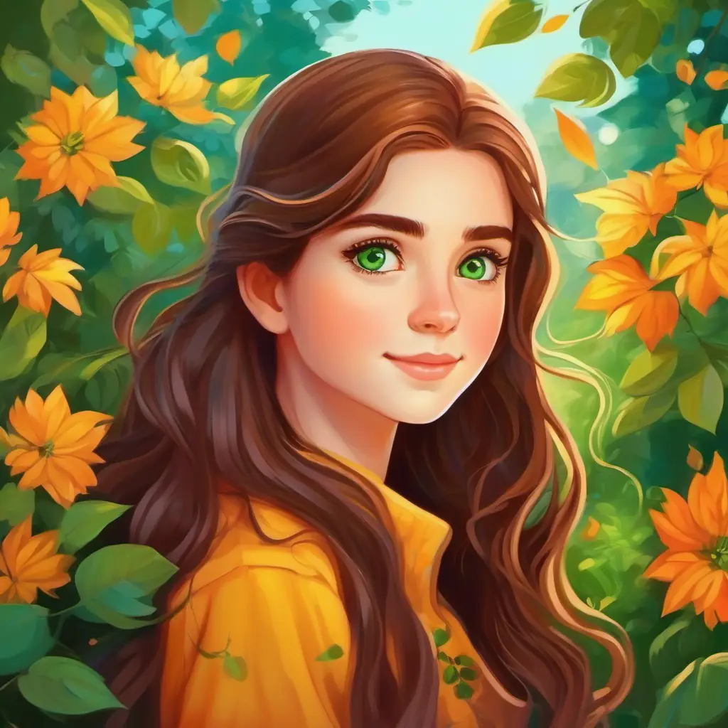 Kind girl with long brown hair, bright green eyes's unique bond with the garden and hint of magic.