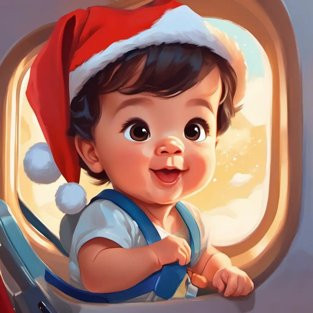 1 year old cute adorable baby boy Grayson babbles happily about his airplane adventure, eyes twinkling with excitement.