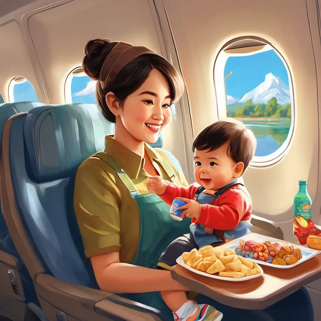 Not Christmas, Auntie Kaira and 1 year old cute adorable baby boy Grayson share a special snack during the flight on the plane .