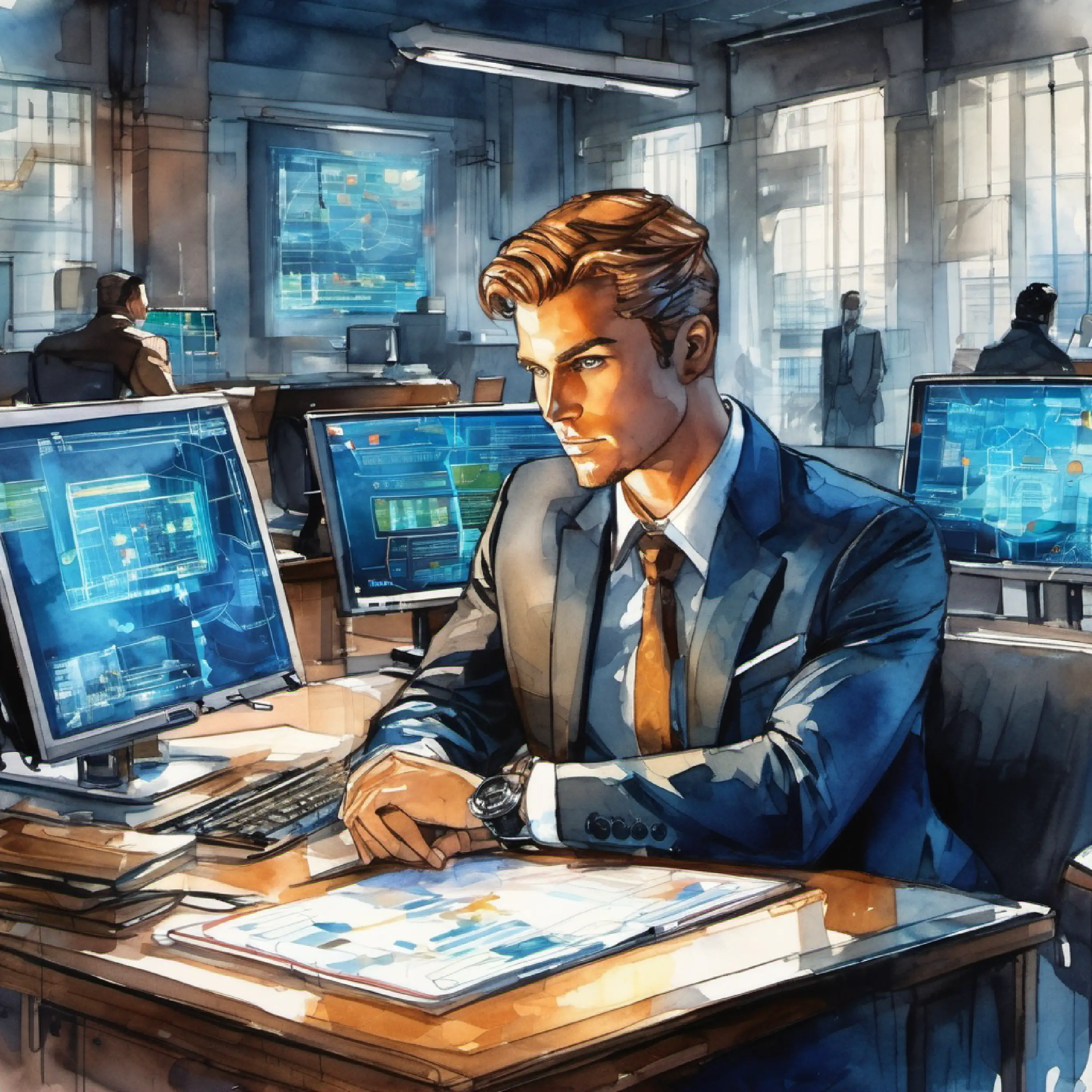 Strategist, analytic, in a high-tech room, fair skin, blue eyes and Confidant, ambitious tawny eyes, sharp dresser prepare to initiate a plan involving cyber-attacks.