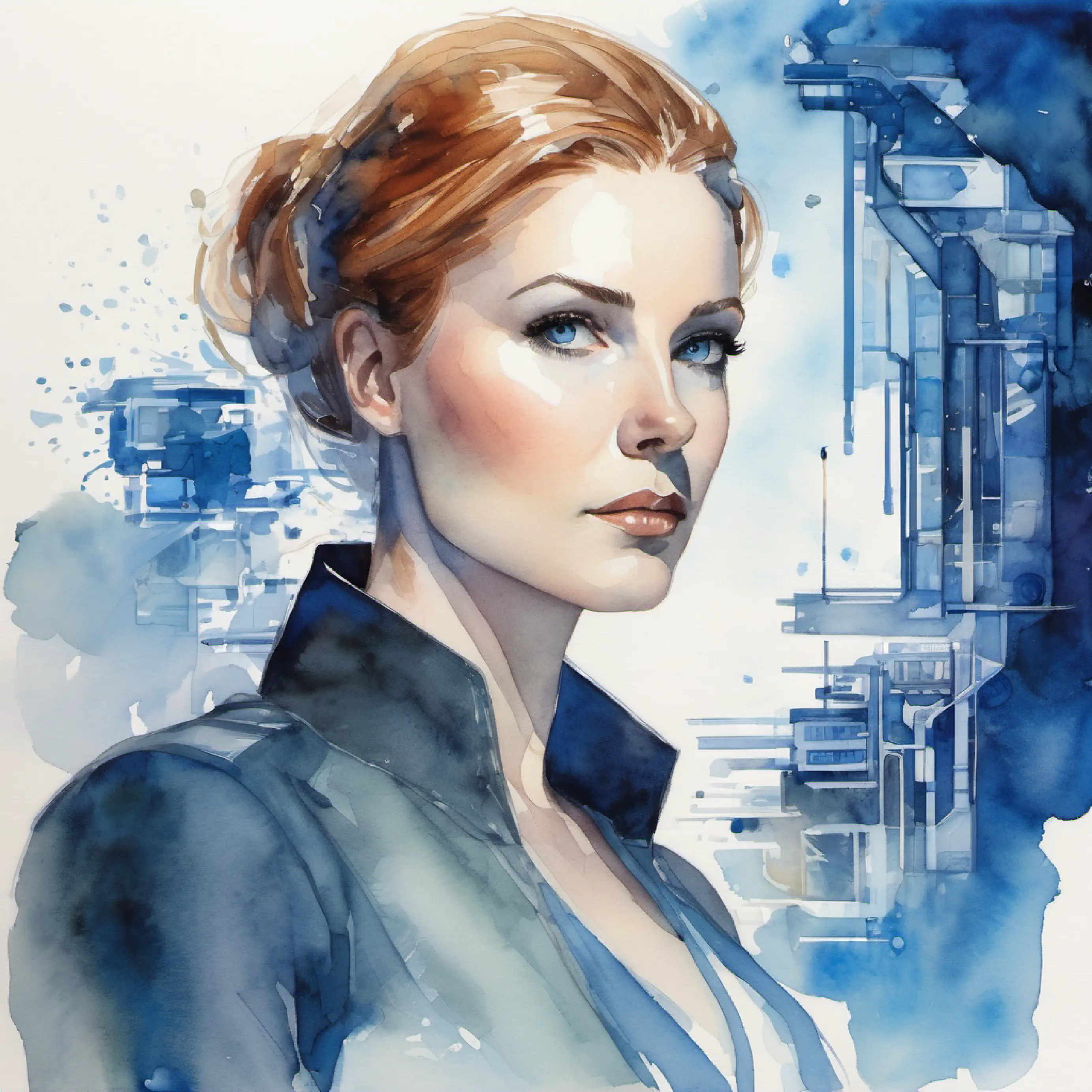 Strategist, analytic, in a high-tech room, fair skin, blue eyes contemplates the nature of her power and legacy.