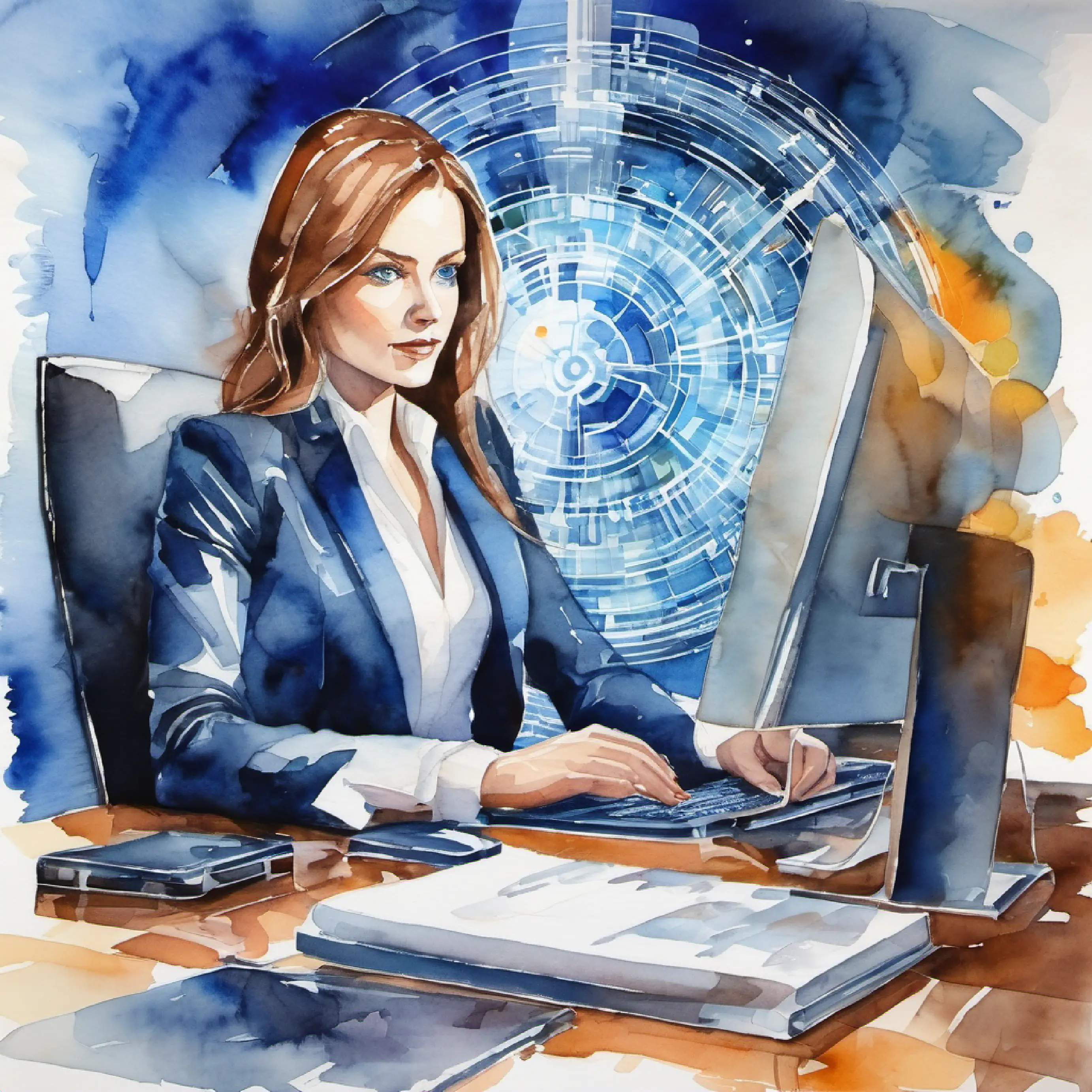 Outcome of the cyber-attacks and Strategist, analytic, in a high-tech room, fair skin, blue eyes’s reflection on her success.