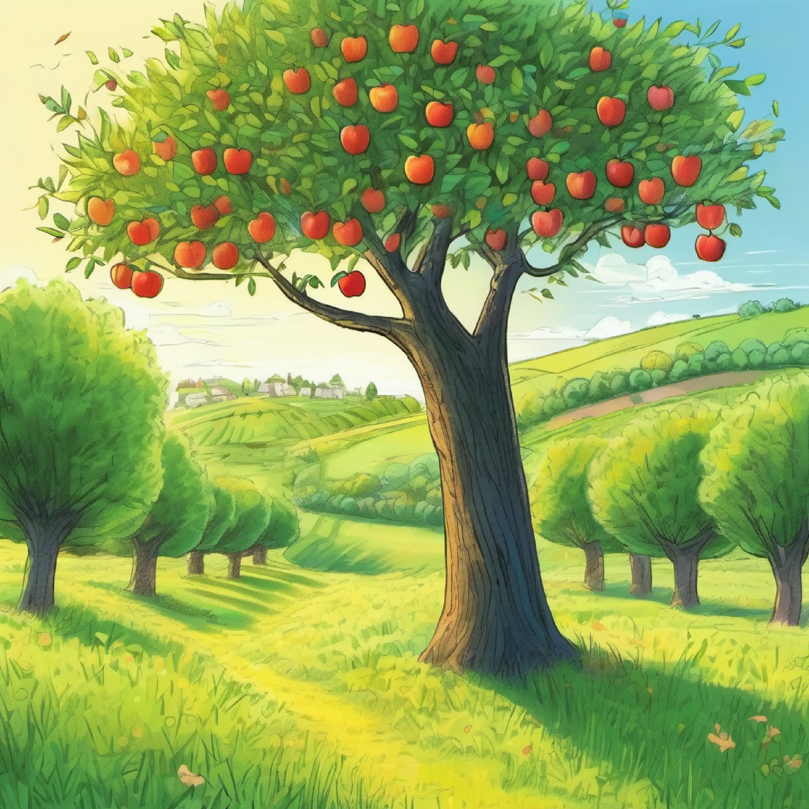 Introduction to the apple tree in the sunny field.