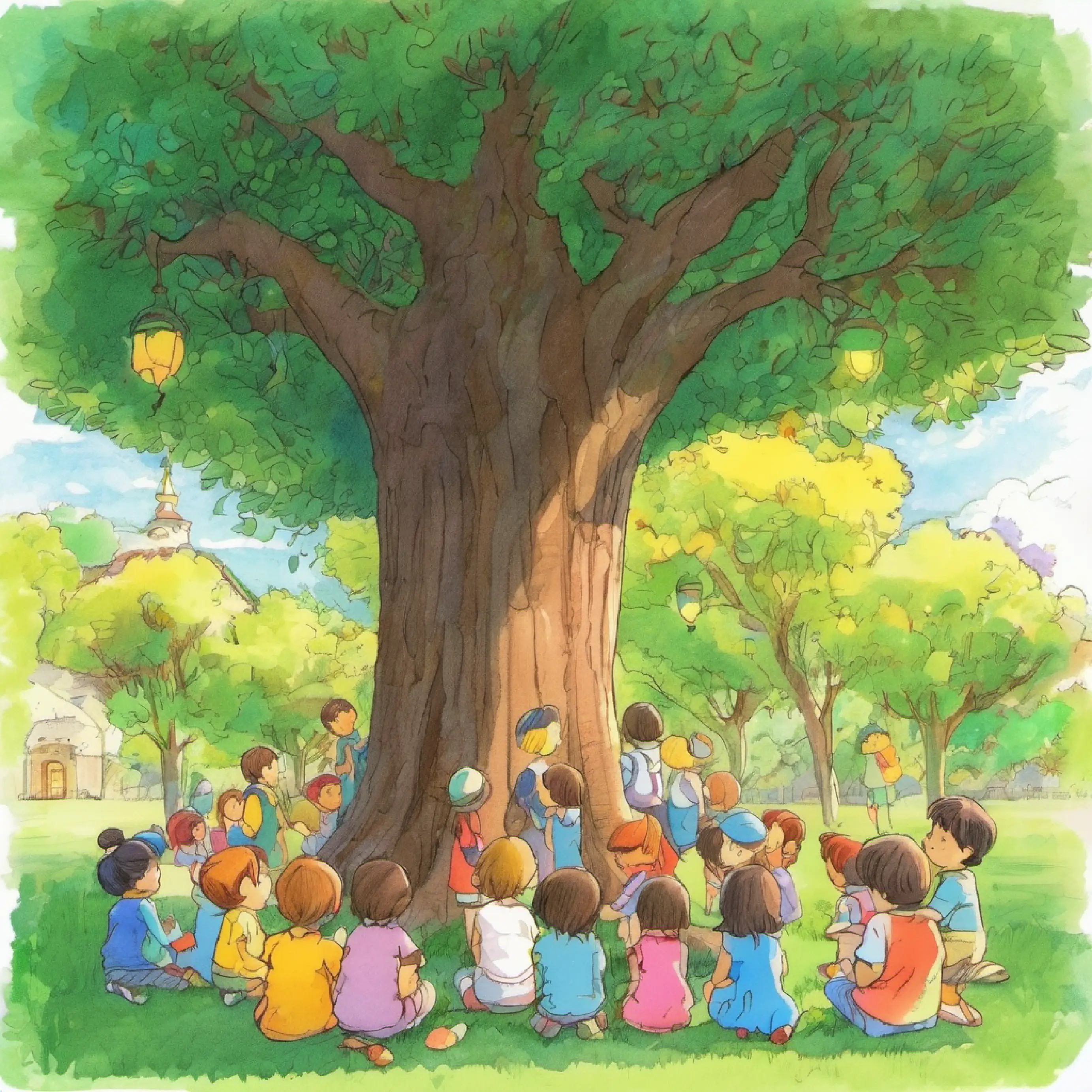 Children congregating under the tree.