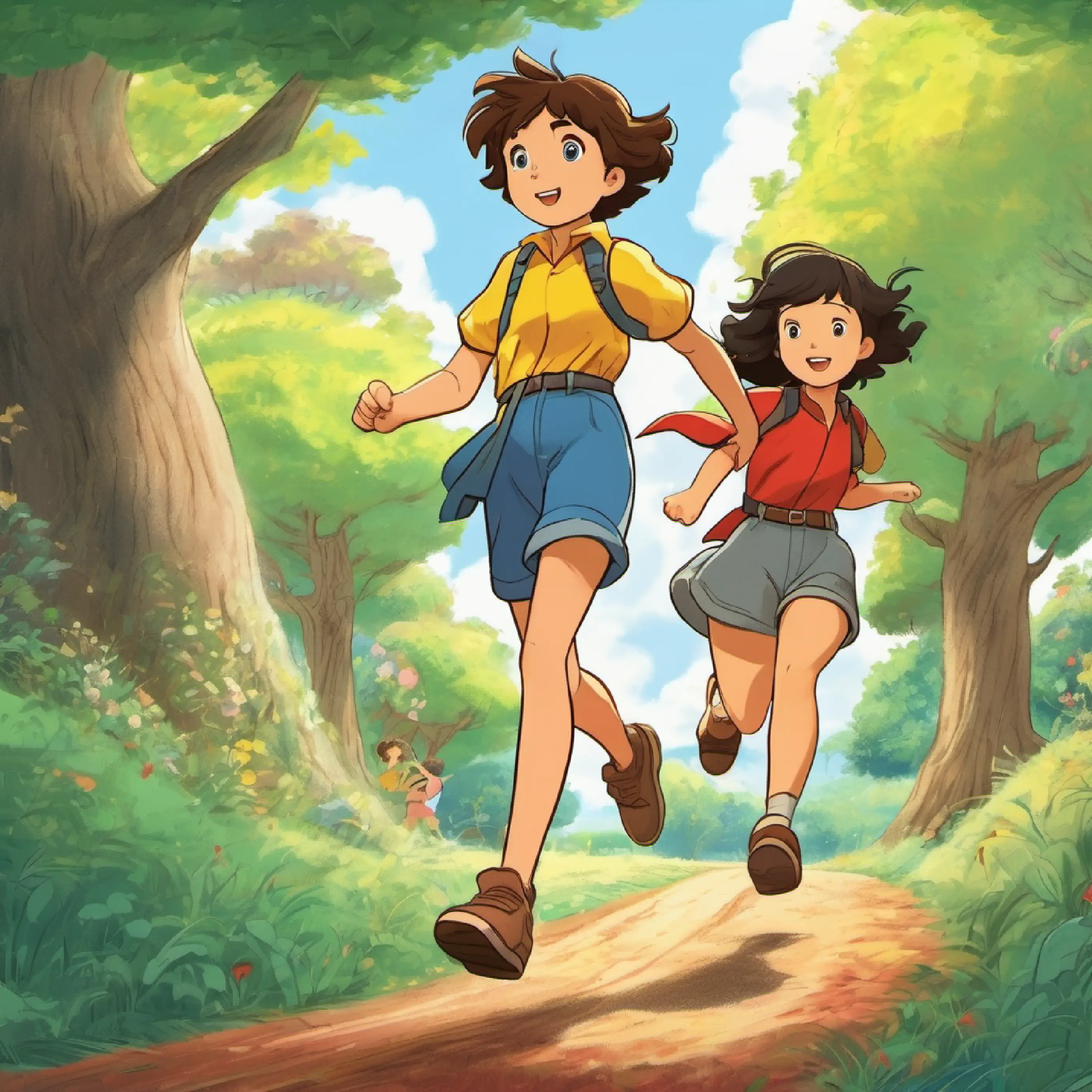 Introducing characters Girl with brown hair and blue eyes, wearing a yellow dress and Boy with short black hair and brown eyes, red shirt, denim shorts racing to the tree.