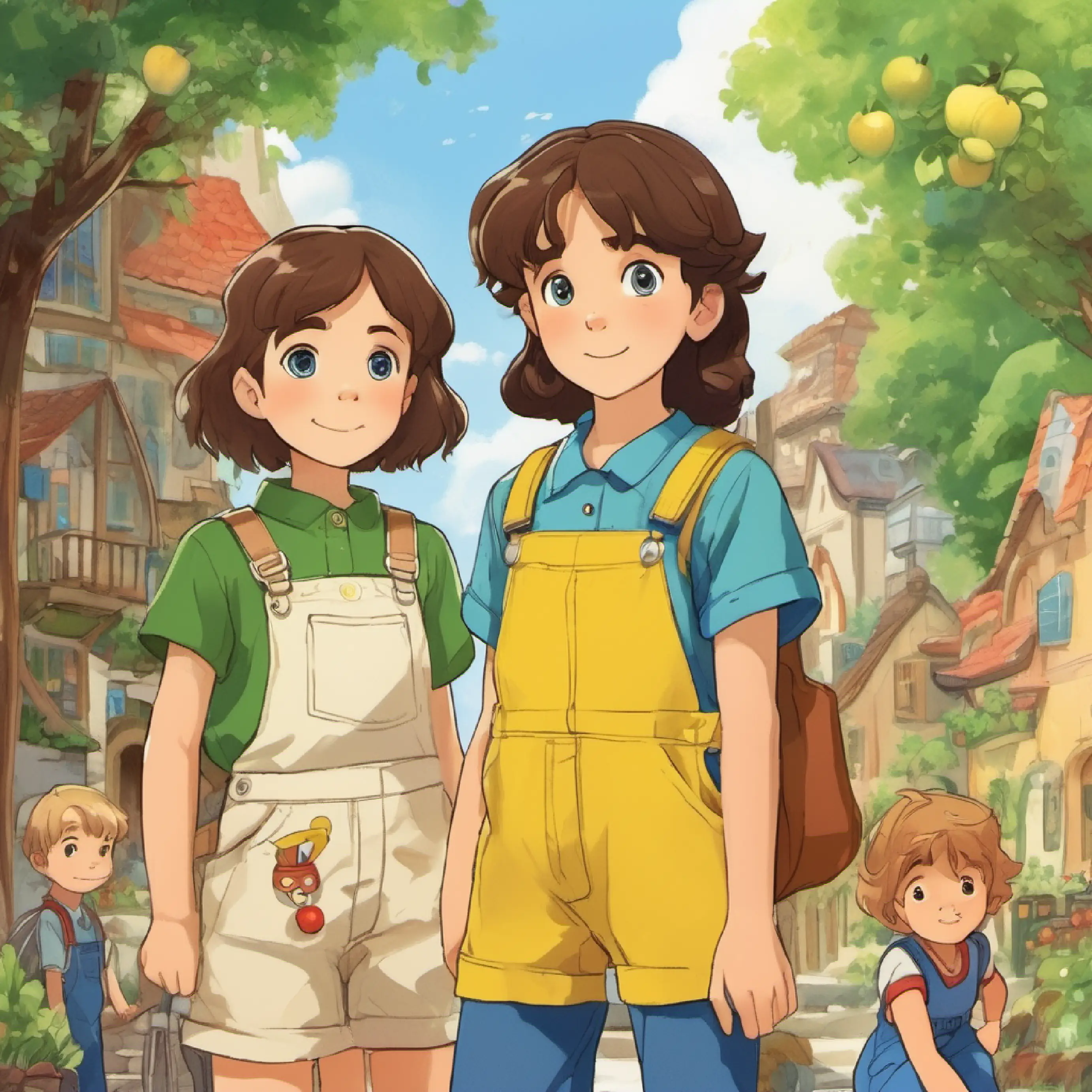 Girl with brown hair and blue eyes, wearing a yellow dress and Boy with short black hair and brown eyes, red shirt, denim shorts notice Small boy with sandy blond hair and green eyes, blue overalls has no apples.