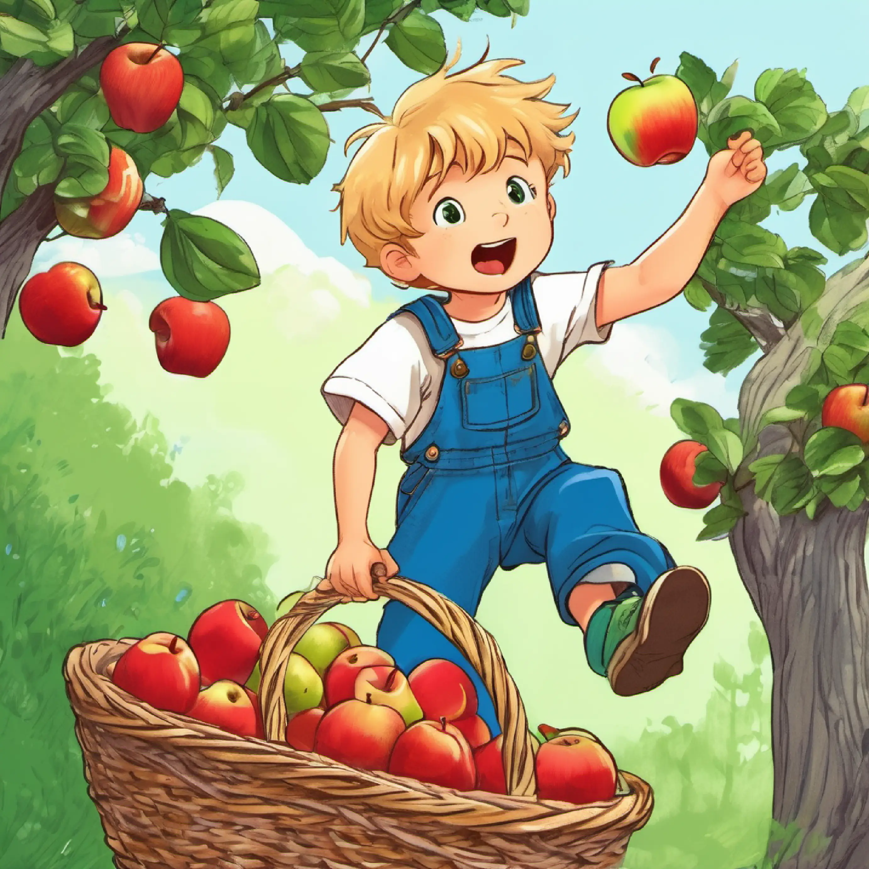 Small boy with sandy blond hair and green eyes, blue overalls struggles to reach apples in his high basket.