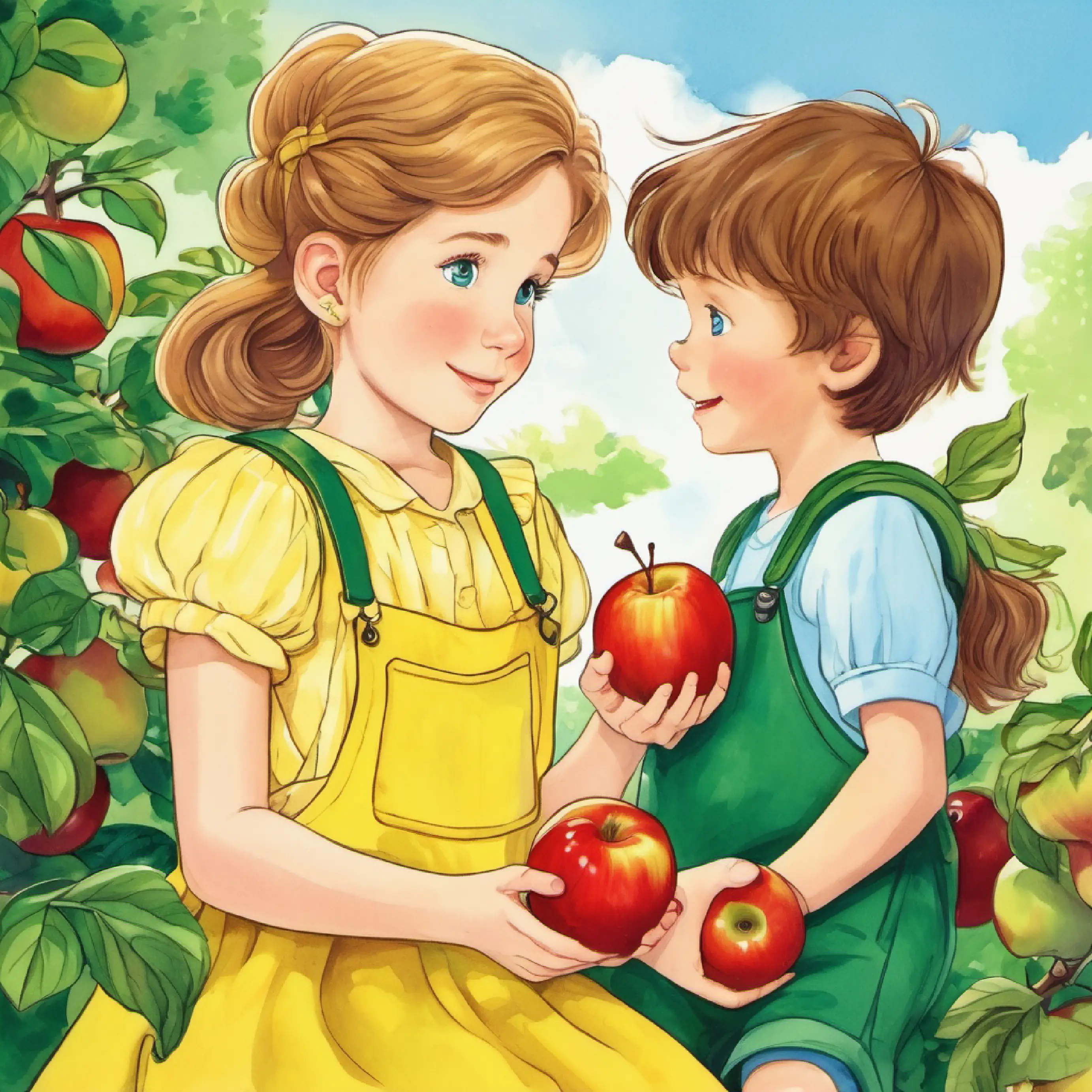 Girl with brown hair and blue eyes, wearing a yellow dress shares her apples with Small boy with sandy blond hair and green eyes, blue overalls.