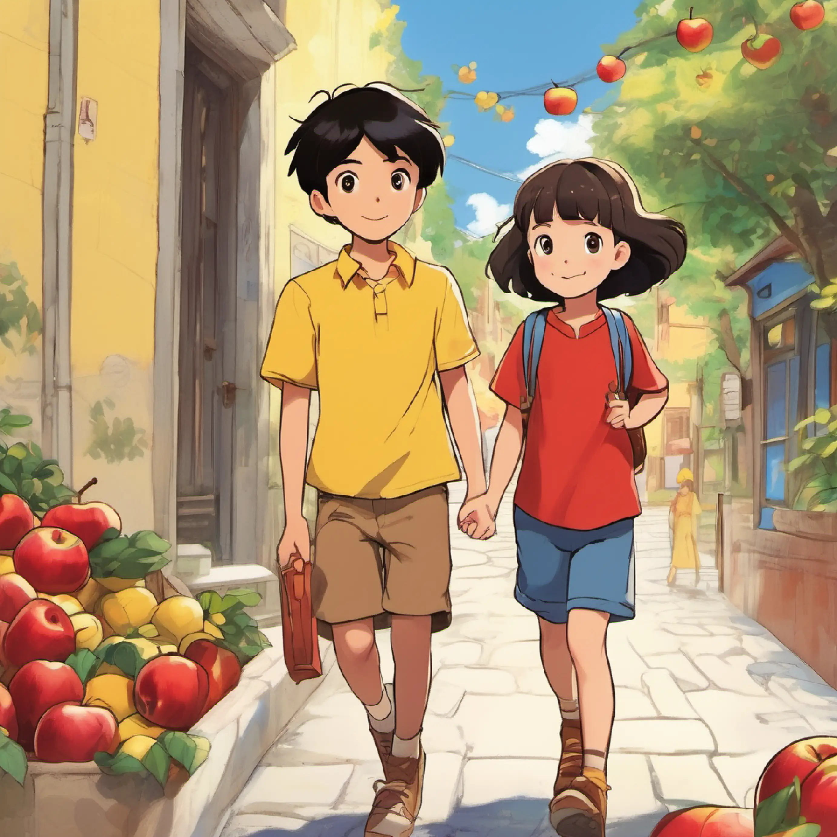 Boy with short black hair and brown eyes, red shirt, denim shorts follows Girl with brown hair and blue eyes, wearing a yellow dress's example and shares his apples.