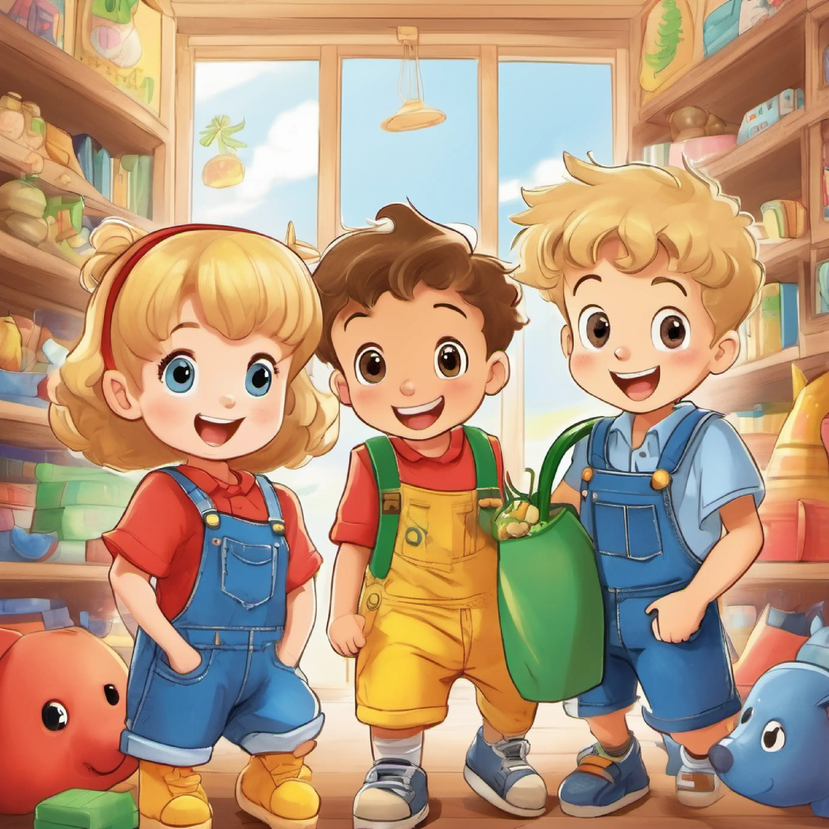 Small boy with sandy blond hair and green eyes, blue overalls is happy and promises to share his toys with Girl with brown hair and blue eyes, wearing a yellow dress and Boy with short black hair and brown eyes, red shirt, denim shorts.