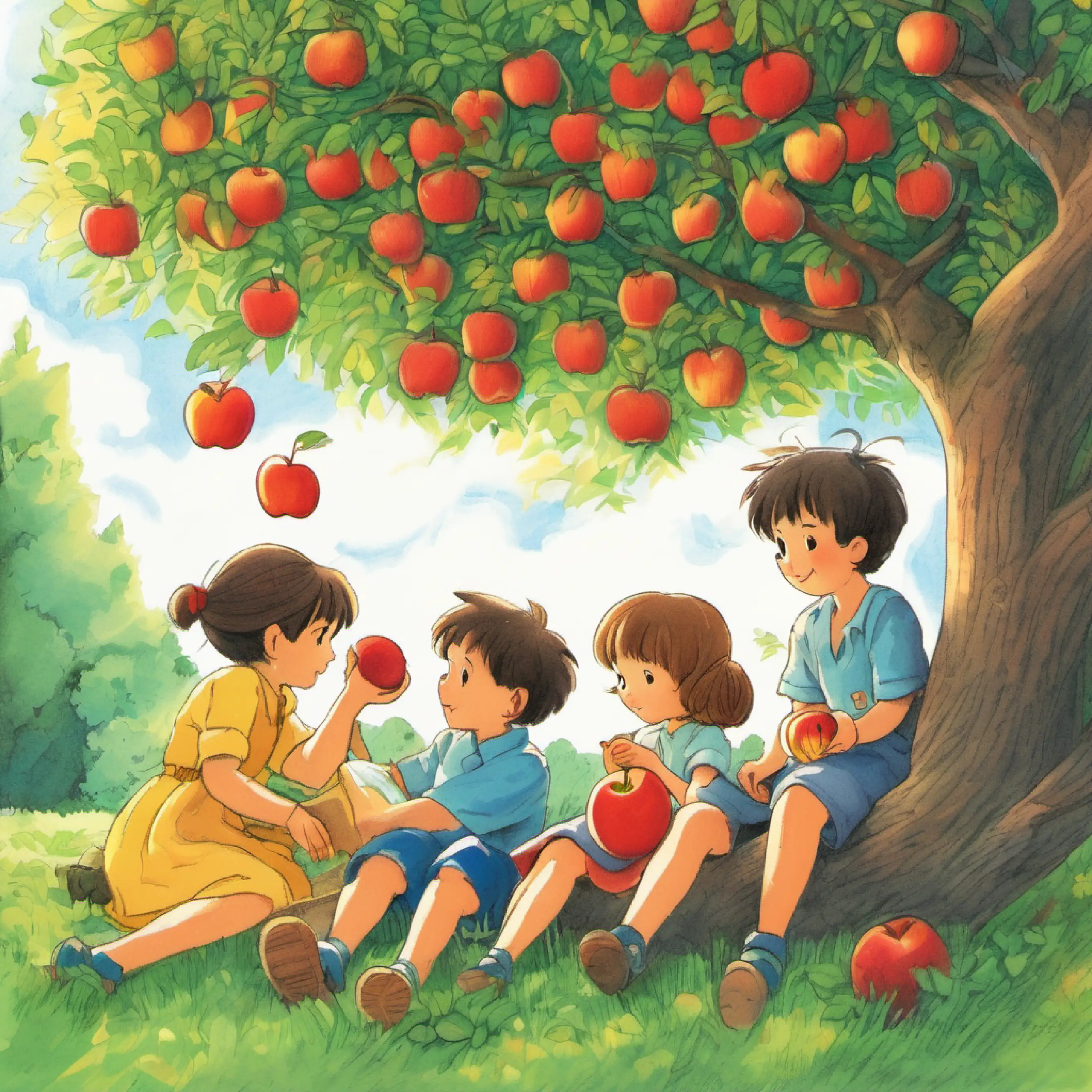 The three children enjoy apples together under the tree.