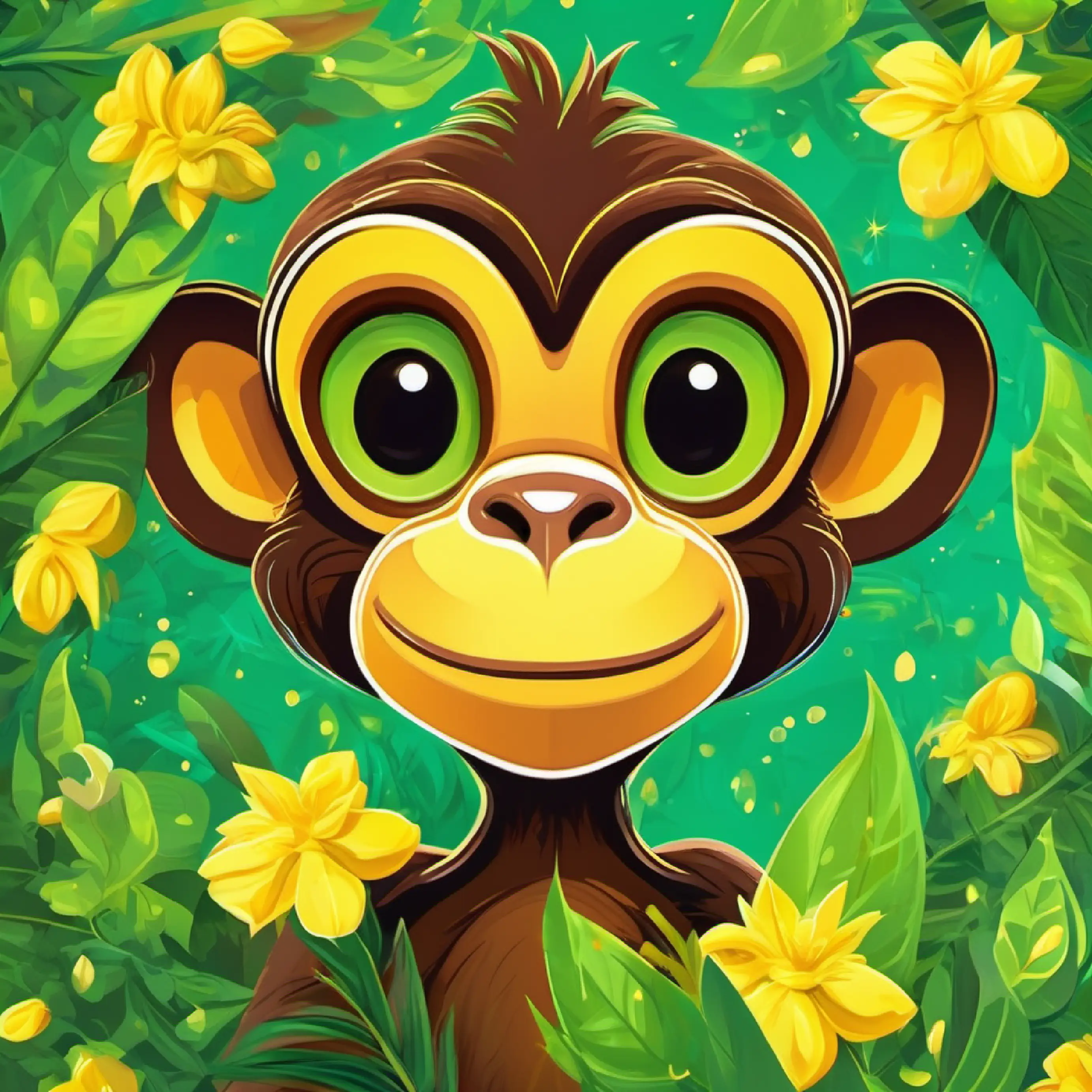 Energetic monkey with brown fur and curious brown eyes greets Shy green lizard with bright, alert yellow eyes; Shy green lizard with bright, alert yellow eyes is too shy