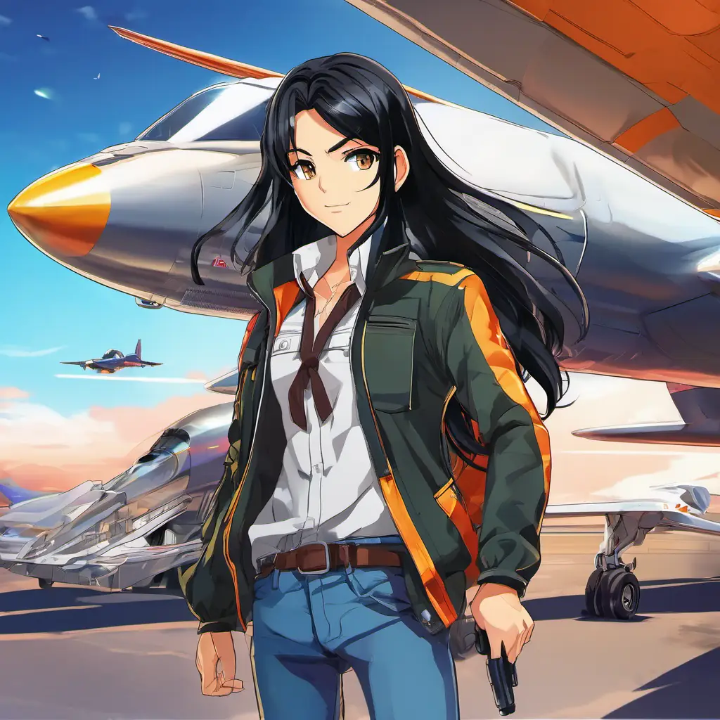 Intro to Australian, long black hair, modern clothes, friendly eyes, an adventurous character with a fast jet