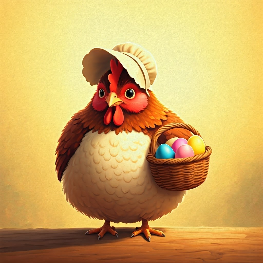 A plump hen with rosy cheeks wearing a bonnet and holding a basket of colorful eggs
