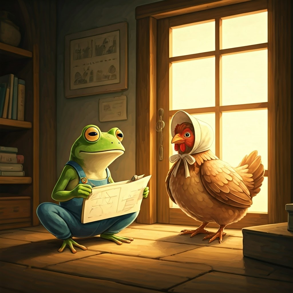 A green frog with big eyes wearing overalls looking at his chart and smiling at A plump hen with rosy cheeks wearing a bonnet