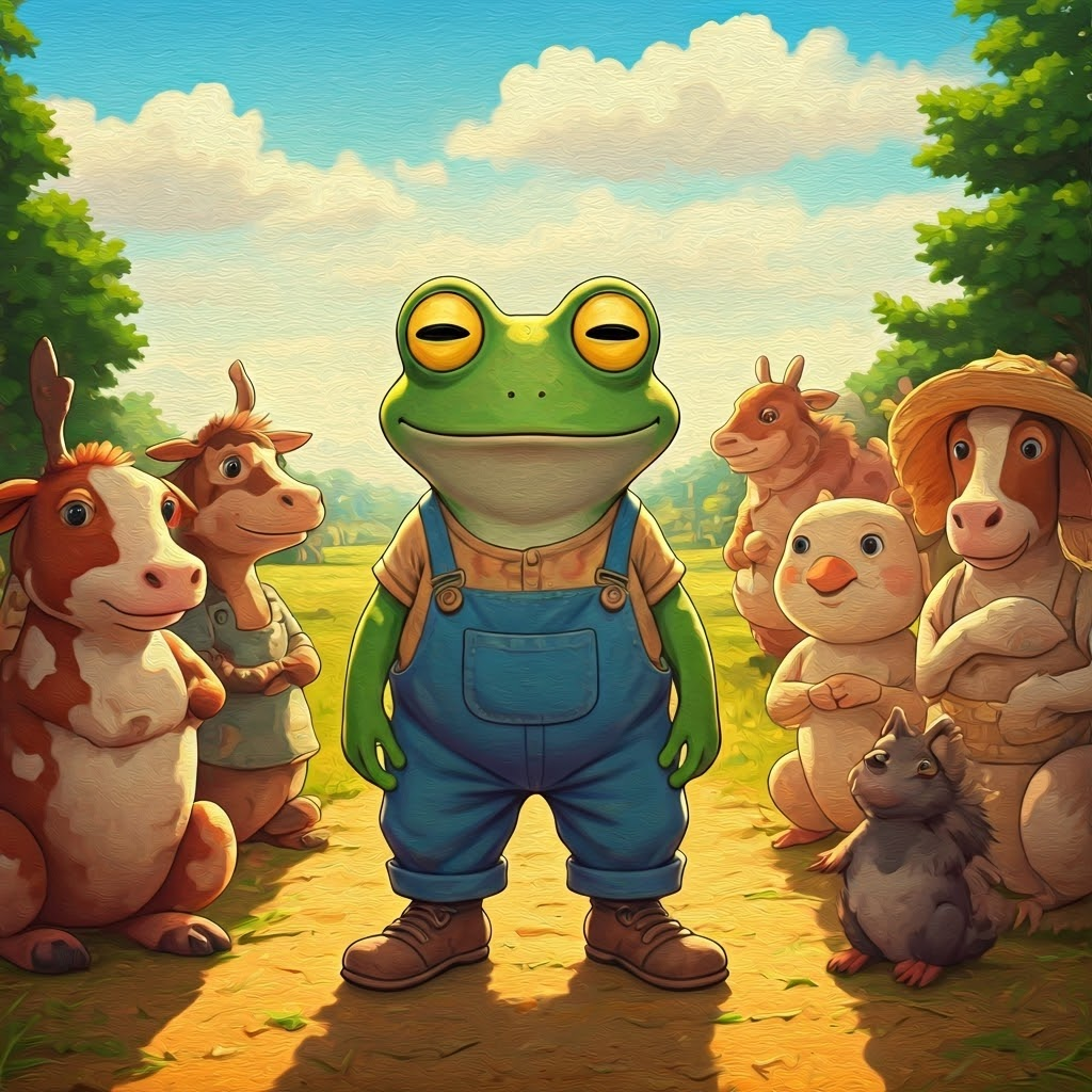 A green frog with big eyes wearing overalls surrounded by all of his farm animal friends, all smiling and laughing together