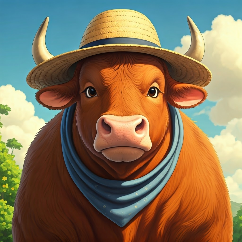 A large brown bull with kind eyes wearing a straw hat and a blue neckerchief