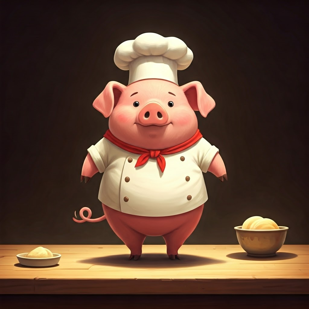 A pink pig with a curly tail wearing a chef's hat and holding a rolling pin