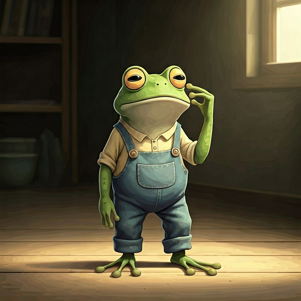 The frog A green frog with big eyes wearing overalls looking confused and scratching his head