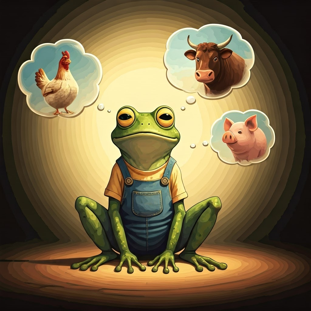 A green frog with big eyes wearing overalls surrounded by thought bubbles containing images of a hen, a bull, and a pig