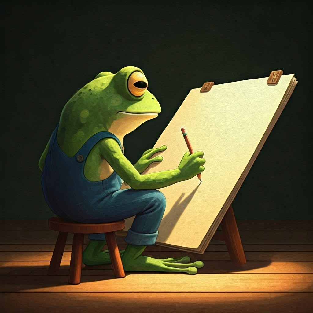 A green frog with big eyes wearing overalls sitting on a stool, writing on a large piece of paper with a pencil