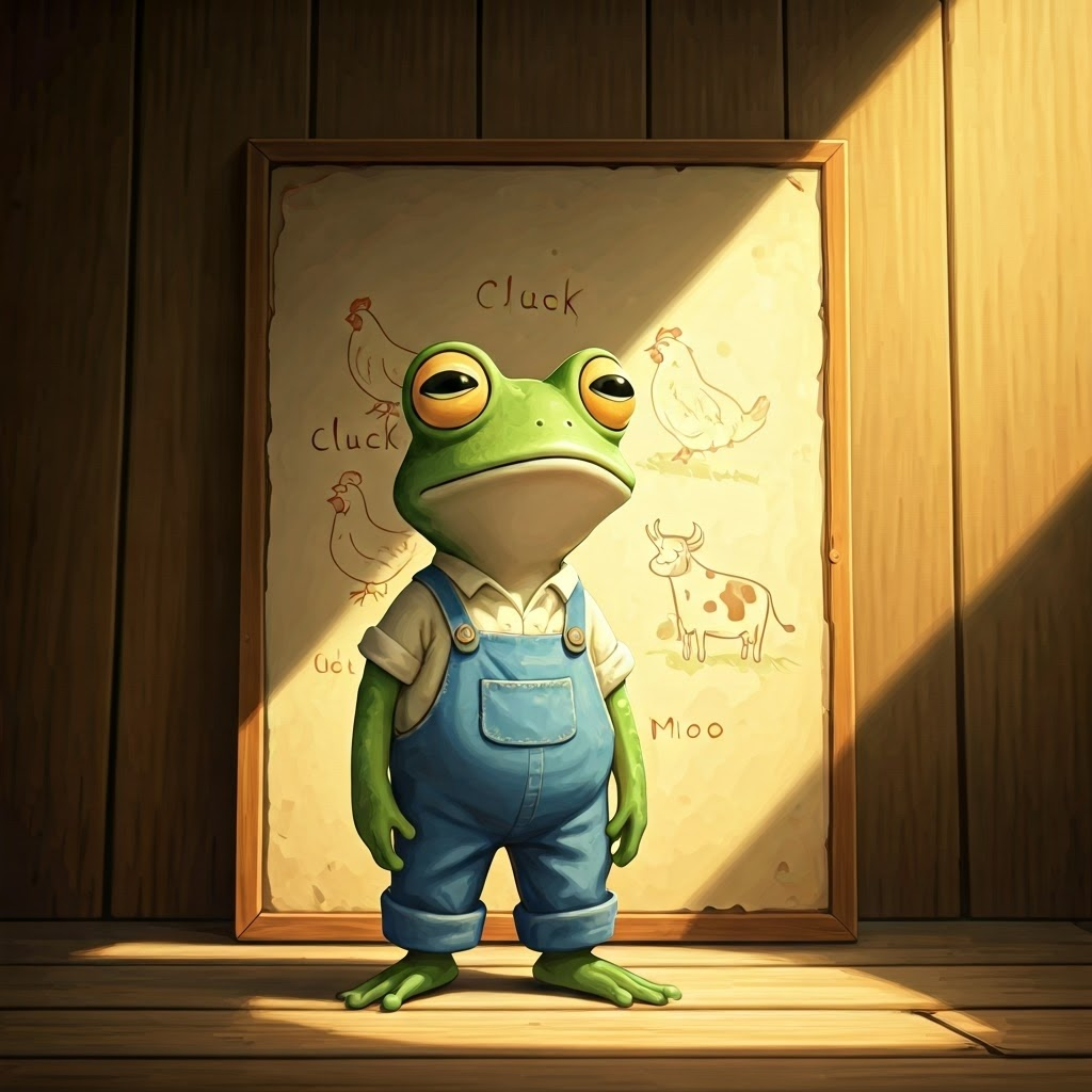 A green frog with big eyes wearing overalls's chart with a drawing of a hen next to the word "cluck" and a drawing of a bull next to the word "moo"