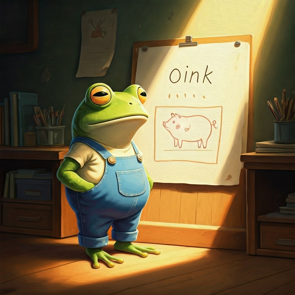 A green frog with big eyes wearing overalls's chart with a drawing of a pig next to the word "oink"