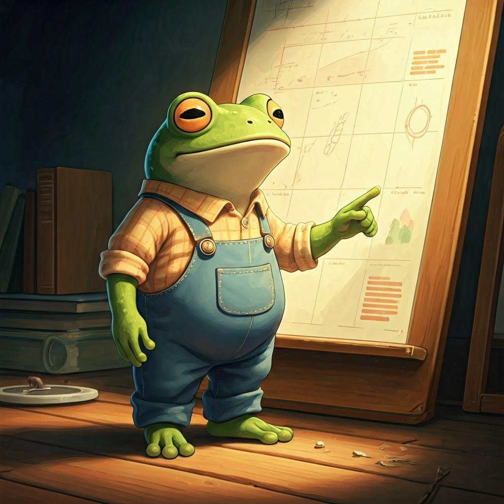 A green frog with big eyes wearing overalls looking happy and pointing at his chart