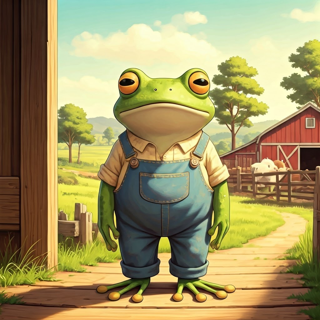 A friendly green frog with big eyes wearing overalls standing in a farm setting