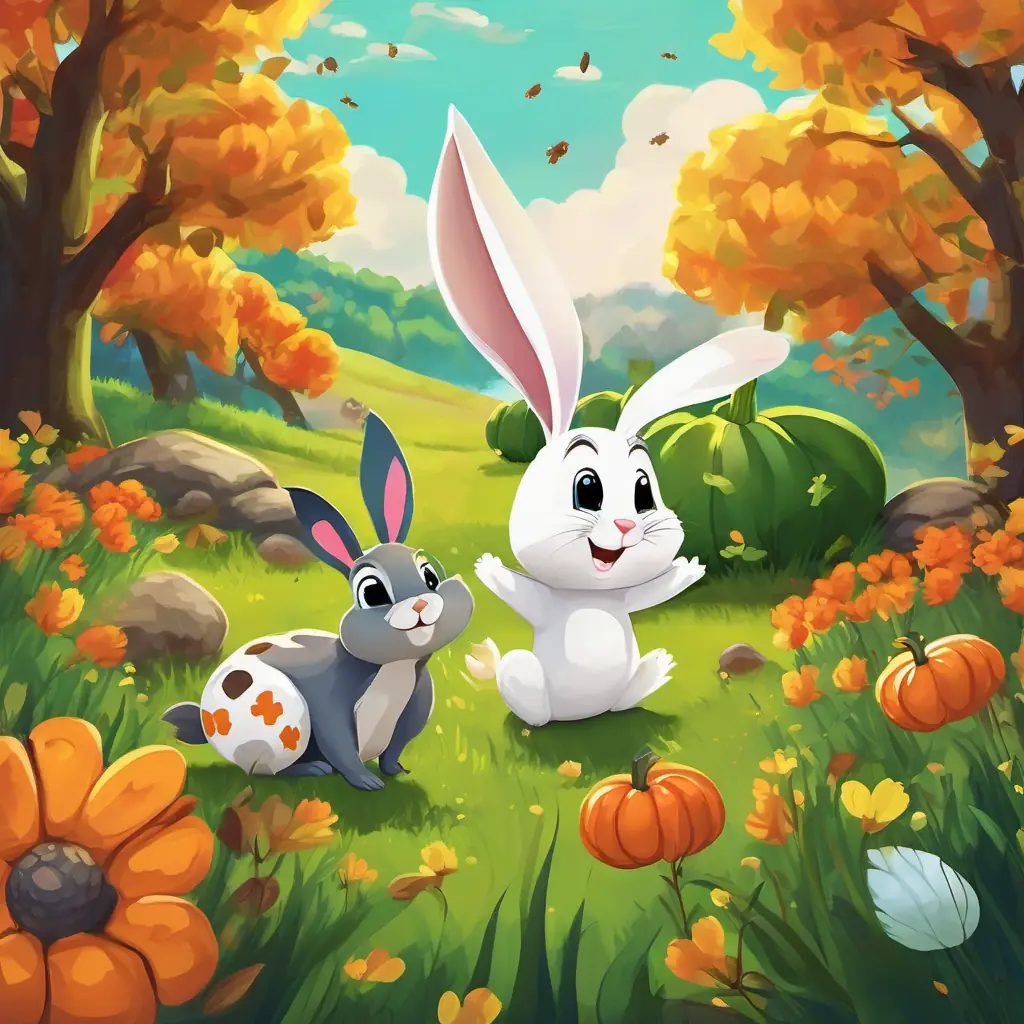 The meadow is filled with colorful flowers and tall grass. Billy the Bunny is a small white bunny with floppy ears. Sammy the Squirrel is a tiny brown squirrel with a bushy tail. Tommy the Turtle is a green turtle with a hard shell on his back.