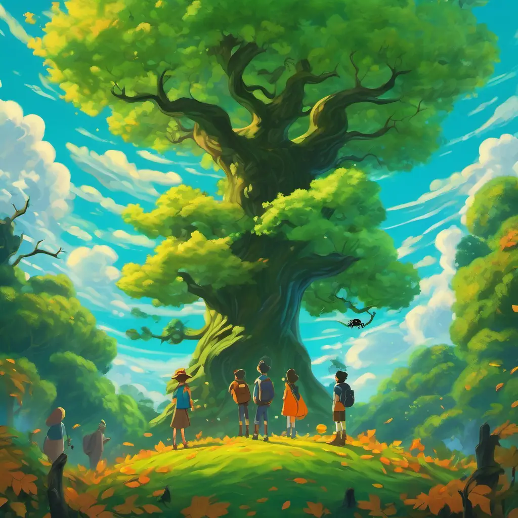 The magical jumping tree stands tall in a clearing. It has bright green leaves and branches that seem to touch the clouds. The friends are standing in front of it, looking amazed.