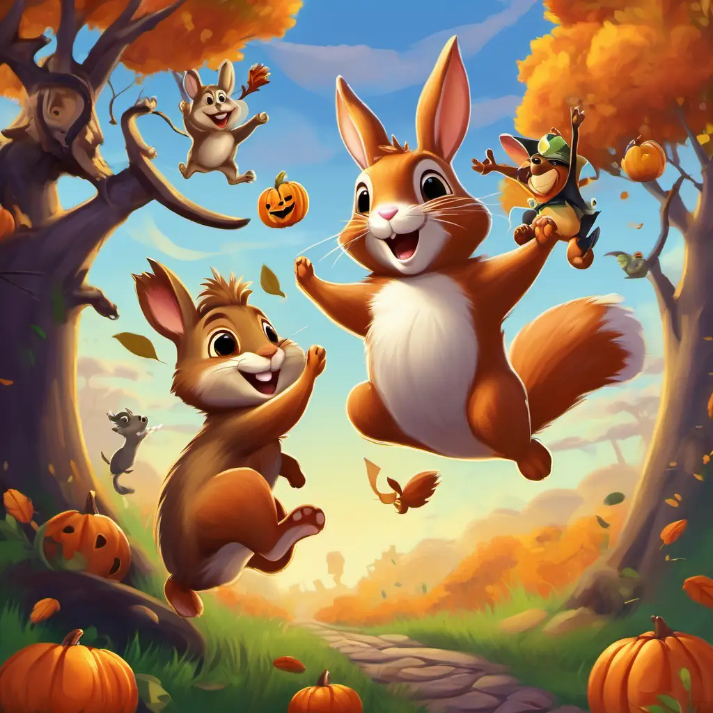 Billy the Bunny is jumping high in the air with a big smile. Sammy the Squirrel is leaping from one branch to another, looking excited. Tommy the Turtle is trying his best to jump, even though he can't go as high as the others.