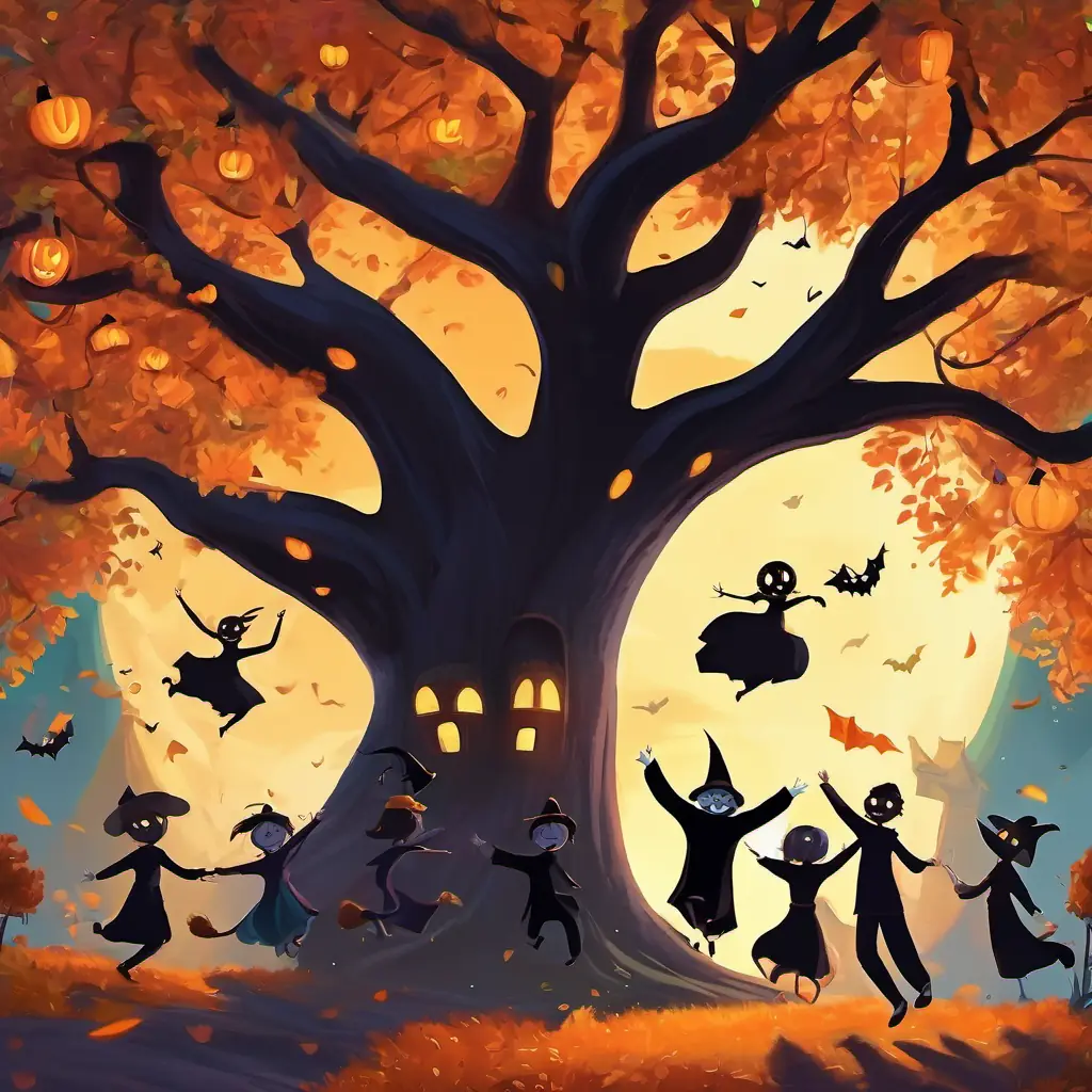 The friends are jumping and laughing together near the magical tree. They have big smiles on their faces and their arms are raised in the air.