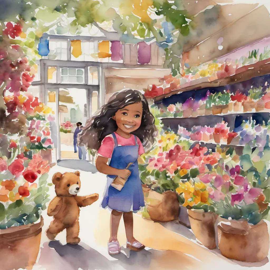 Lola twirling in front of a vibrant flower shop with colorful petals swirling around her.