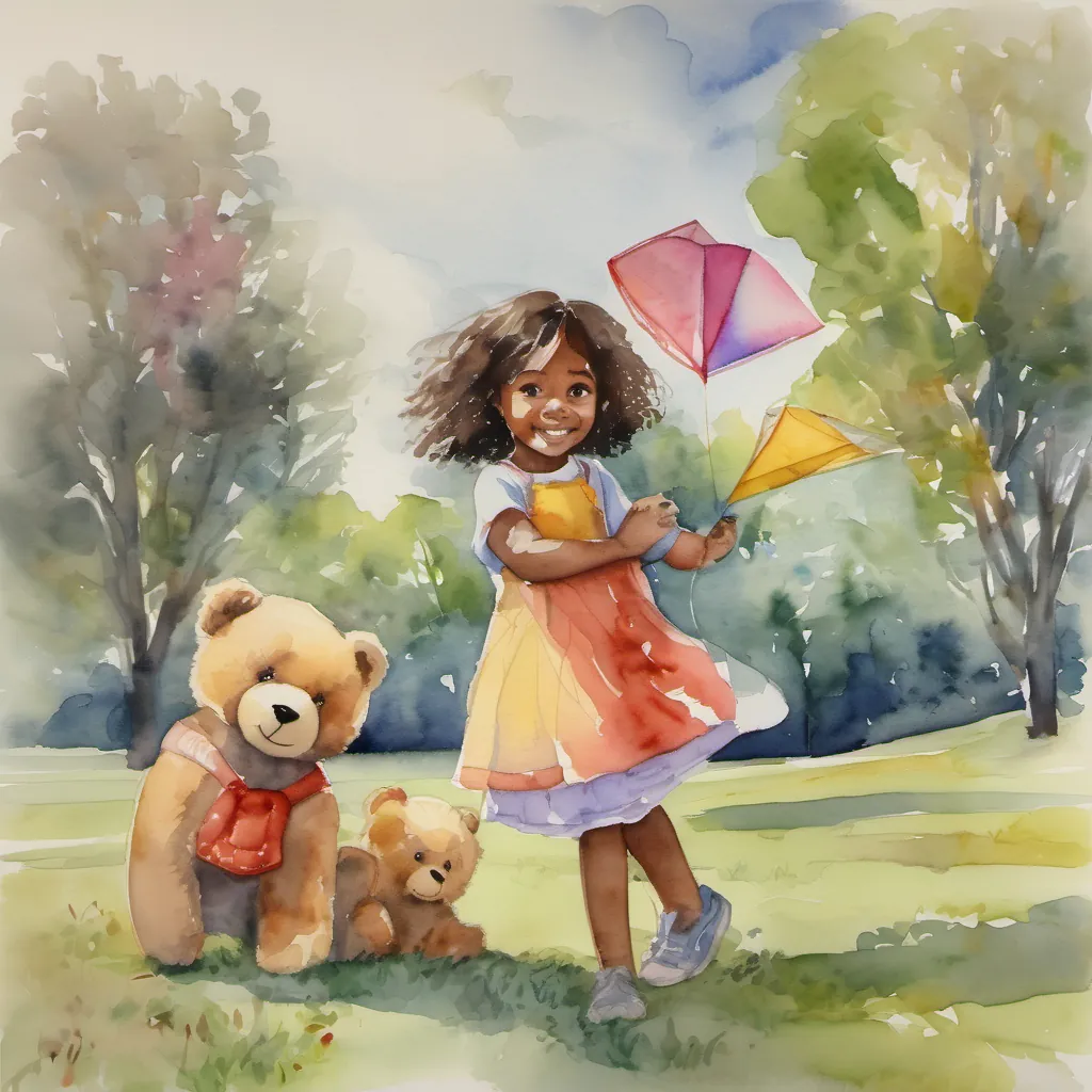 Lola flying a kite in a park with other children while her teddy bear sits nearby.