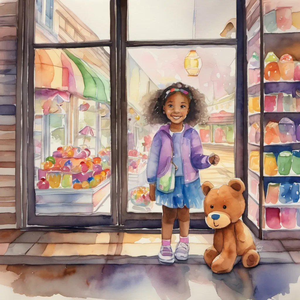 Lola and her teddy bear heading towards a candy store with colorful candy displays visible through the window.