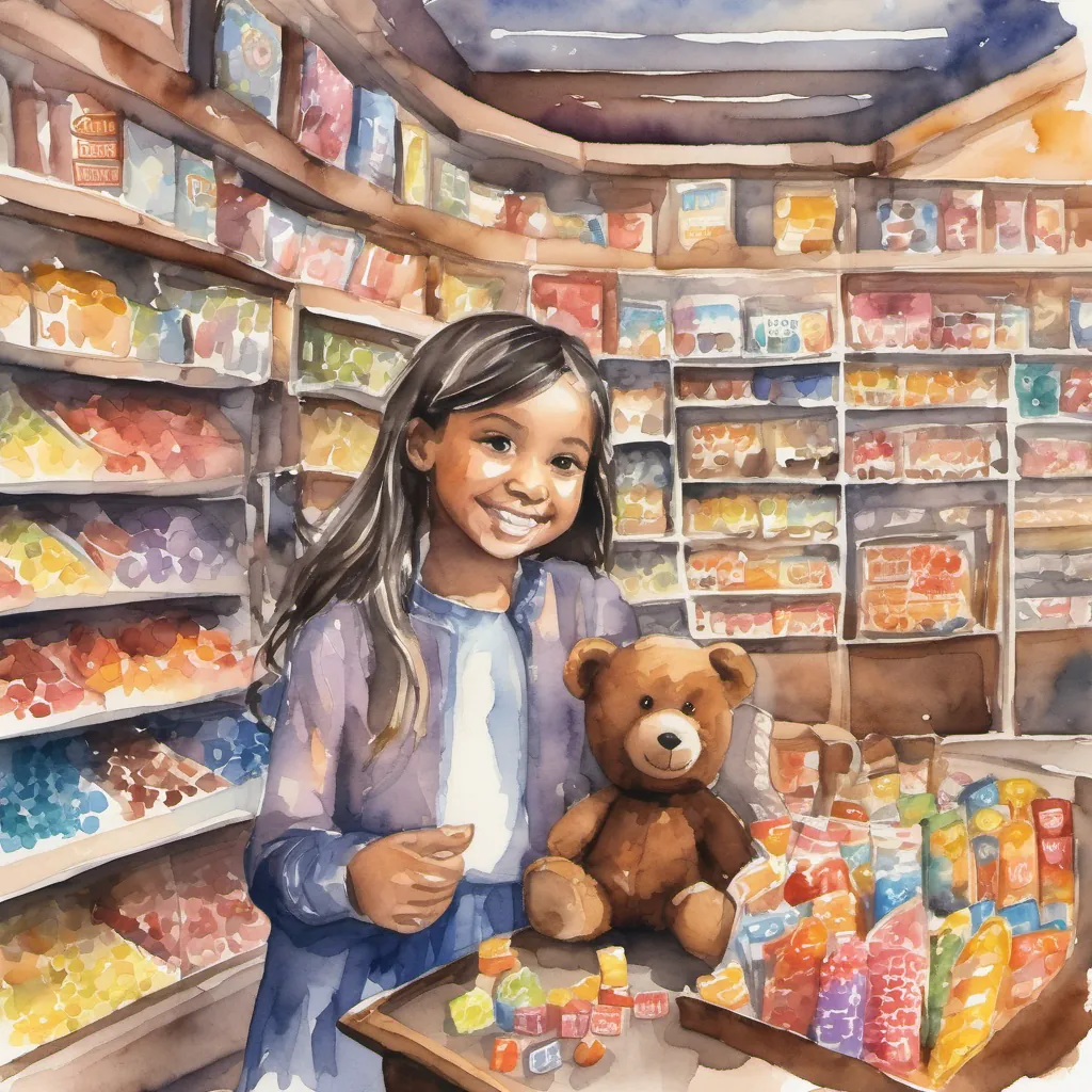 Lola inside a candy store, picking out different candies with an excited expression.