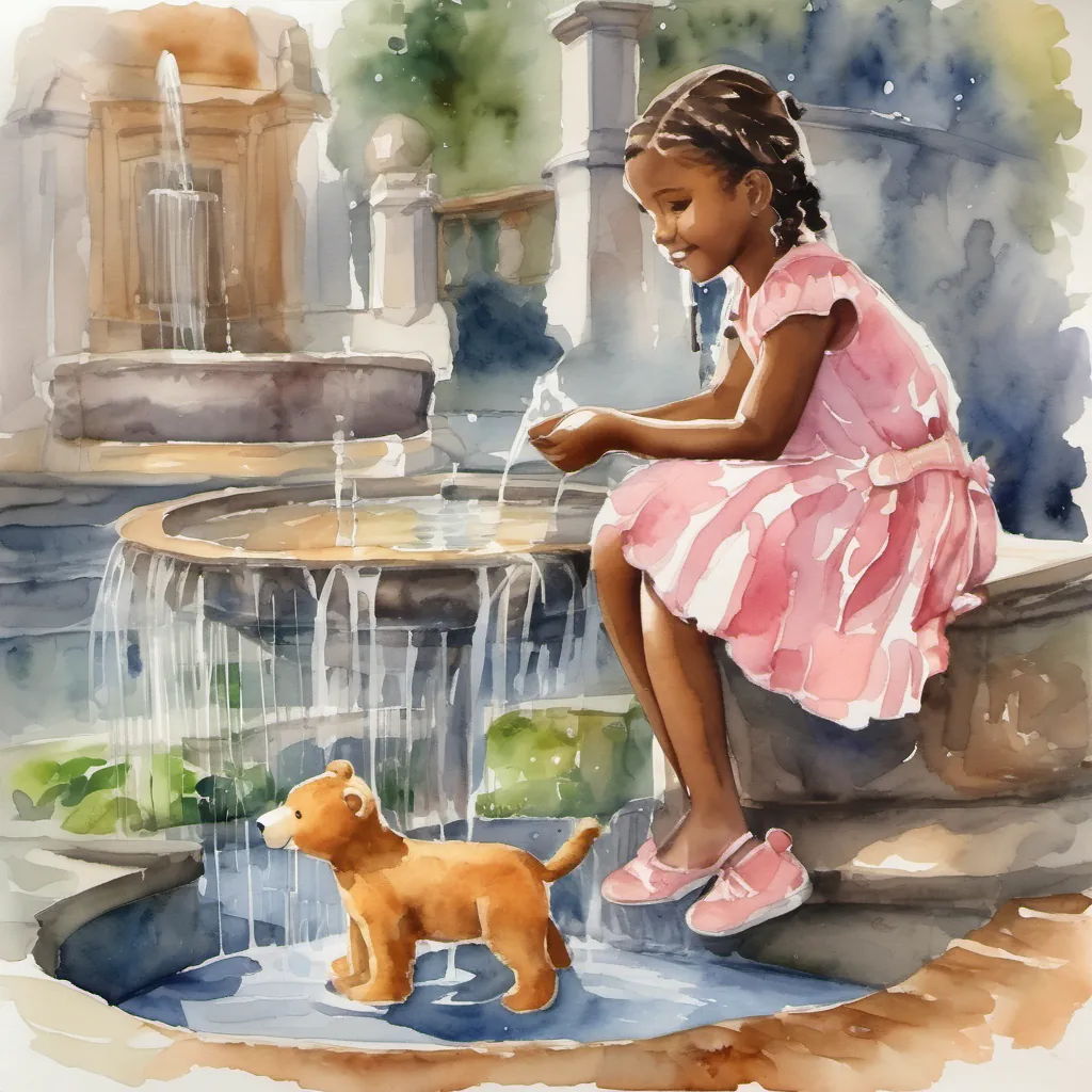 Lola sitting by a fountain, dipping her fingers in the water while her teddy bear sits beside her, slightly wet.