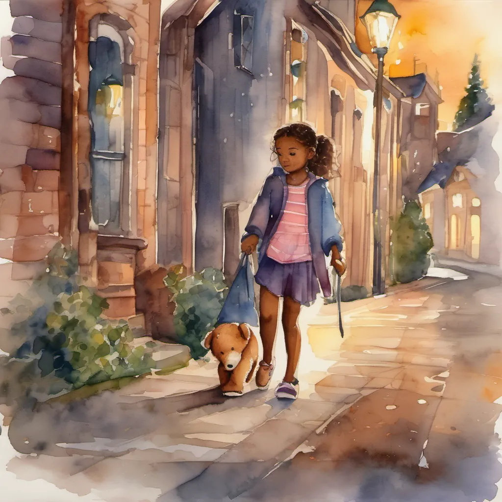 Lola hugging her teddy bear as they walk back home, with the town lit up with lights and evening setting in.