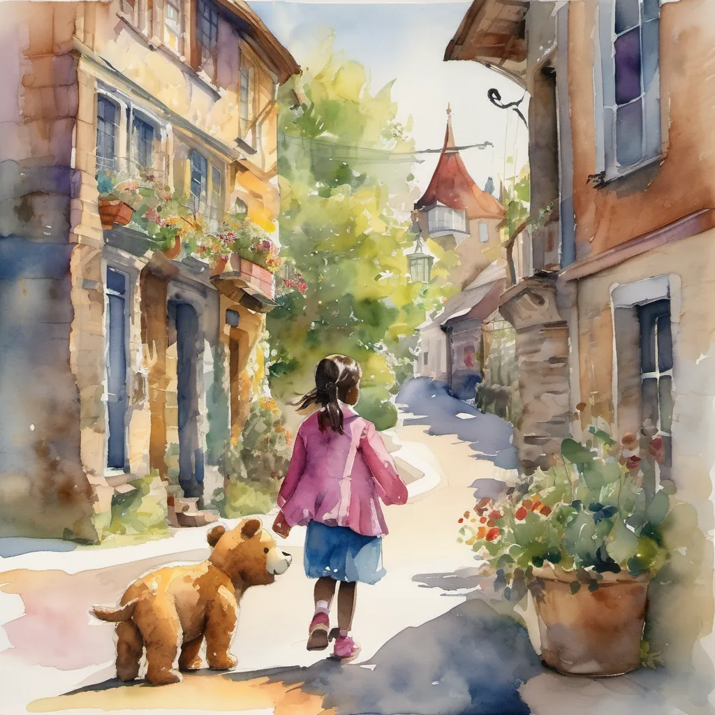 A sunny morning in a vibrant town with Lola dragging  behind her a (Very large) and (oversized) worn down old stuffed toy teddy bear, stepping out of her house.