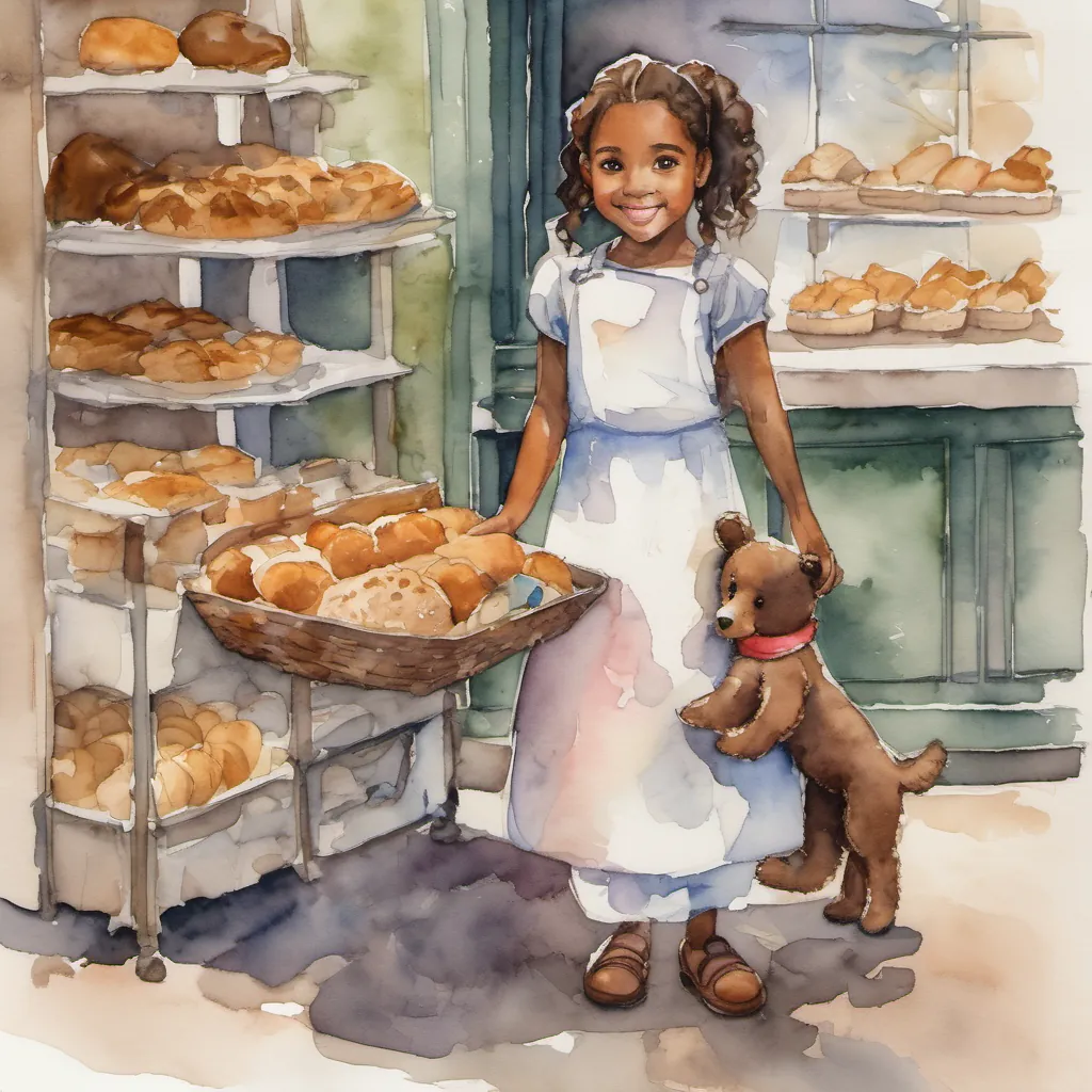 Lola and Come Along Teddy standing in a bakery with a  female baker Mr. Crumble handing Lola a bun and the air filled with bread aroma.