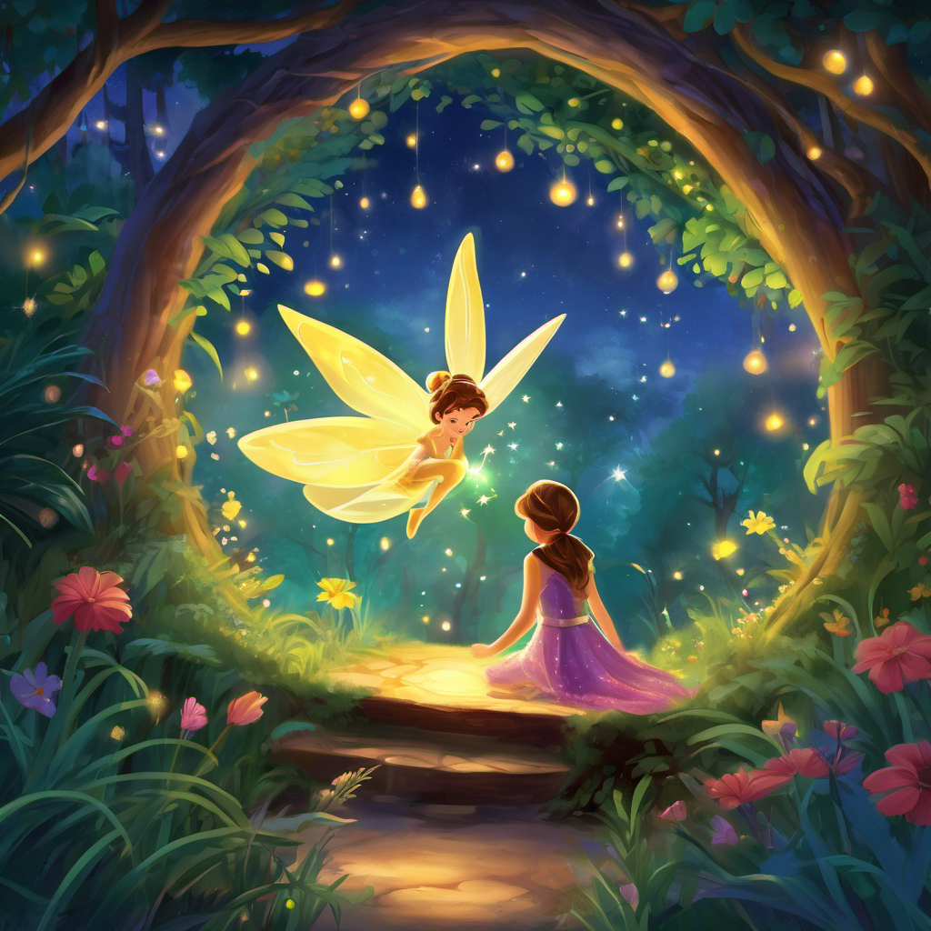 Once upon a time in the magical land of Pixie Hollow, Tinker Bell and her fairy friends were getting ready for bed. It had been a long day of spreading pixie dust and granting wishes, and they were excited for a good night's rest. But just as Tinker Bell was about to close her eyes and drift off to sleep, a sudden gust of wind blew through her window, causing her to sit up in surprise. She looked outside and noticed a trail of sparkling pixie dust swirling in the moonlight. Curiosity got the better of her, and she followed the trail through the enchanted woods.