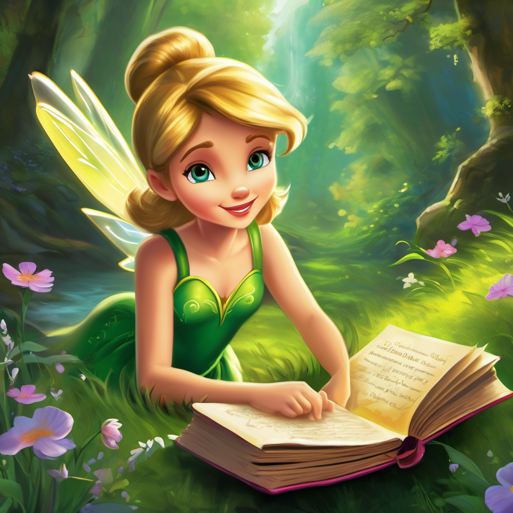 As Tinker Bell followed the trail, the pixie dust seemed to grow brighter and more magical. It led her to a mysterious glen, where she discovered an old, worn-out book lying among the wildflowers. Tinker Bell's eyes grew wide with wonder as she realized that this was no ordinary book. It was the Lost Storybook, filled with tales that had been forgotten over time. As she carefully opened the book, a shimmering light escaped, and suddenly Tinker Bell found herself surrounded by characters from long-lost stories. There were brave princesses, mischievous elves, and talking animals, all waiting for their stories to be told again. Tinker Bell decided that she couldn't leave the book and its characters without restoring their stories.