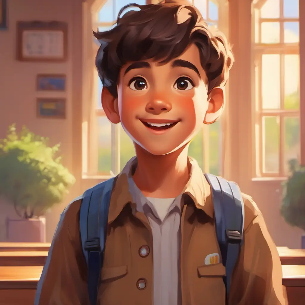 Nu is a curious boy, short hair, brown eyes, eager smile arrives at school, searching for friends.