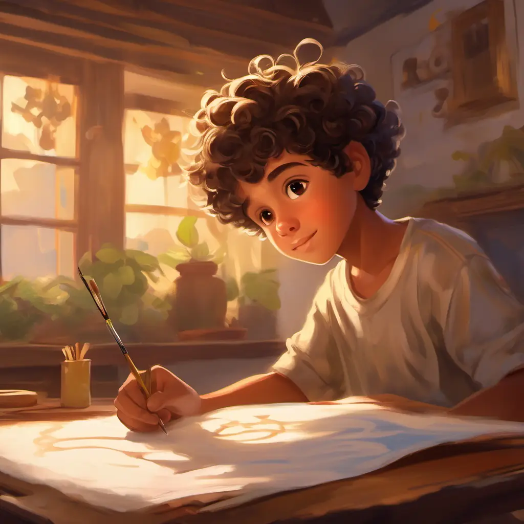 Nu is a curious boy, short hair, brown eyes, eager smile sees Bee has curly hair, light brown skin, deep in thought, holding a paintbrush's artwork.