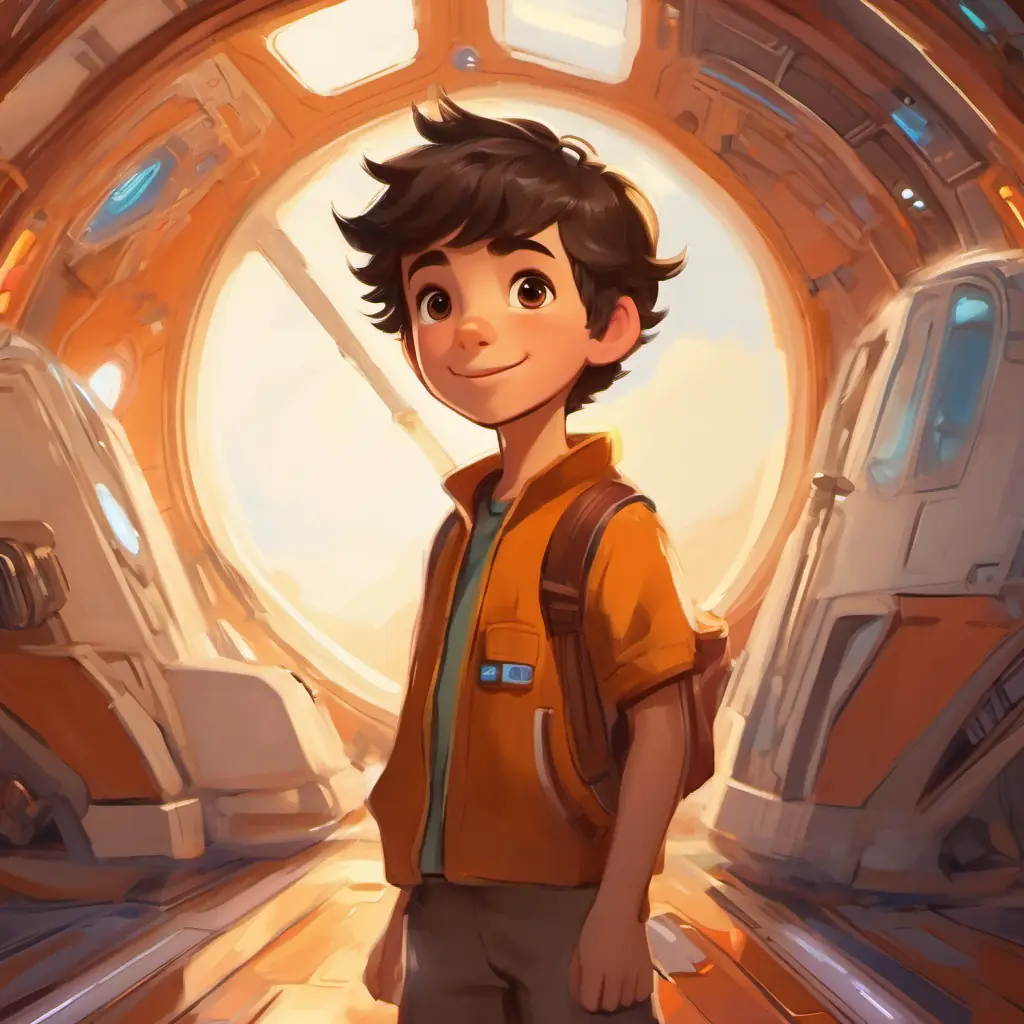 Nu is a curious boy, short hair, brown eyes, eager smile paints the spaceship.