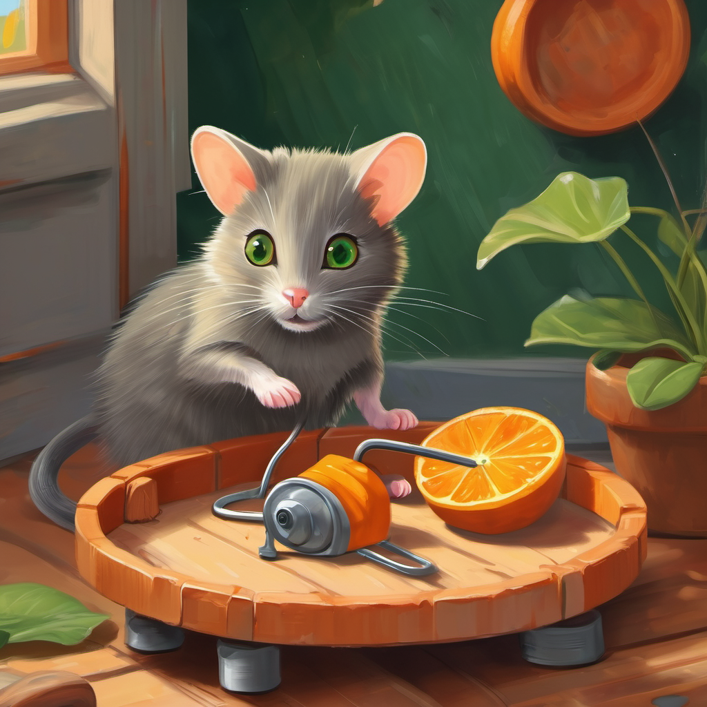 tiny gray mouse with round ears trapped in a mouse trap, friendly orange cat with green eyes running