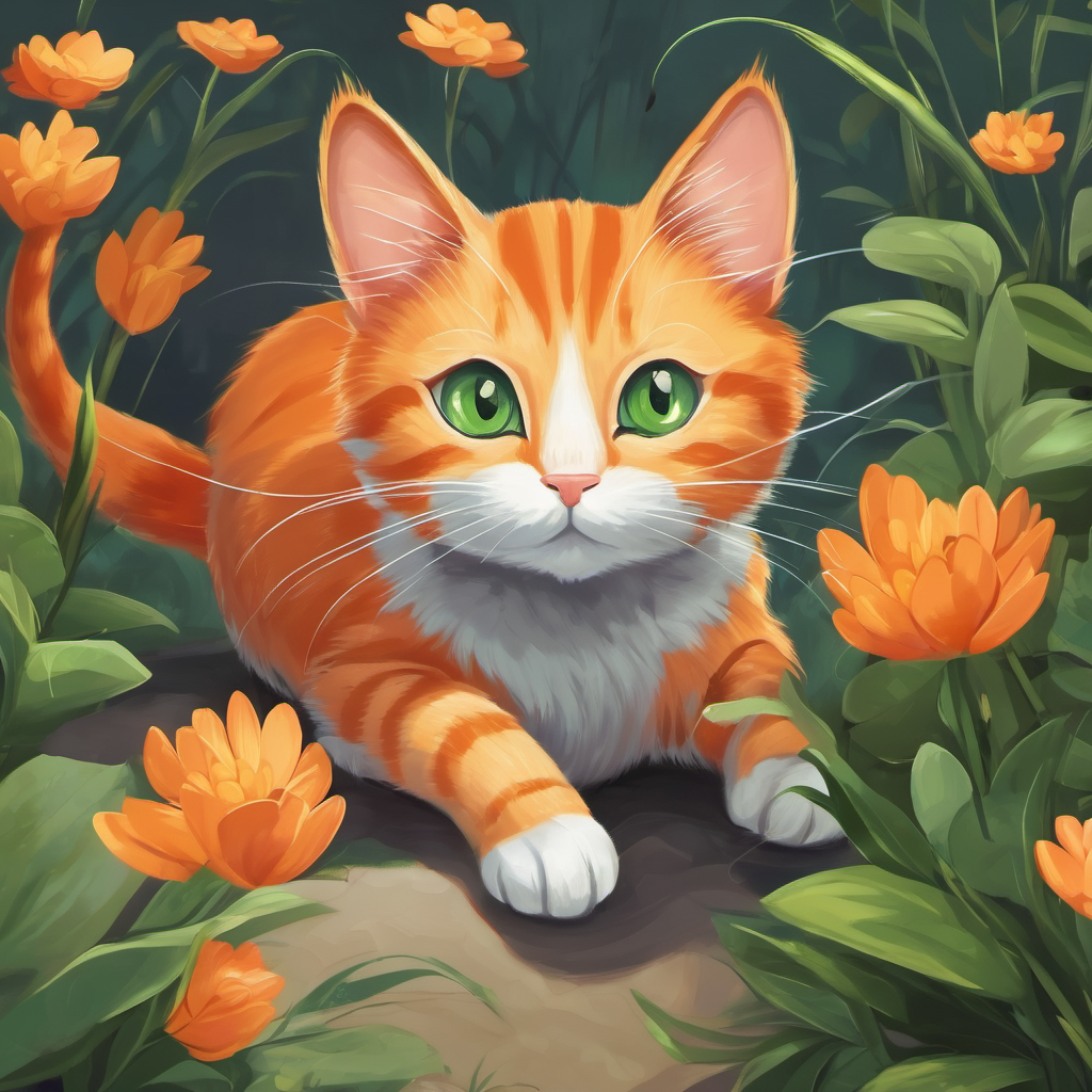 friendly orange cat with green eyes using his sharp claws to free tiny gray mouse with round ears