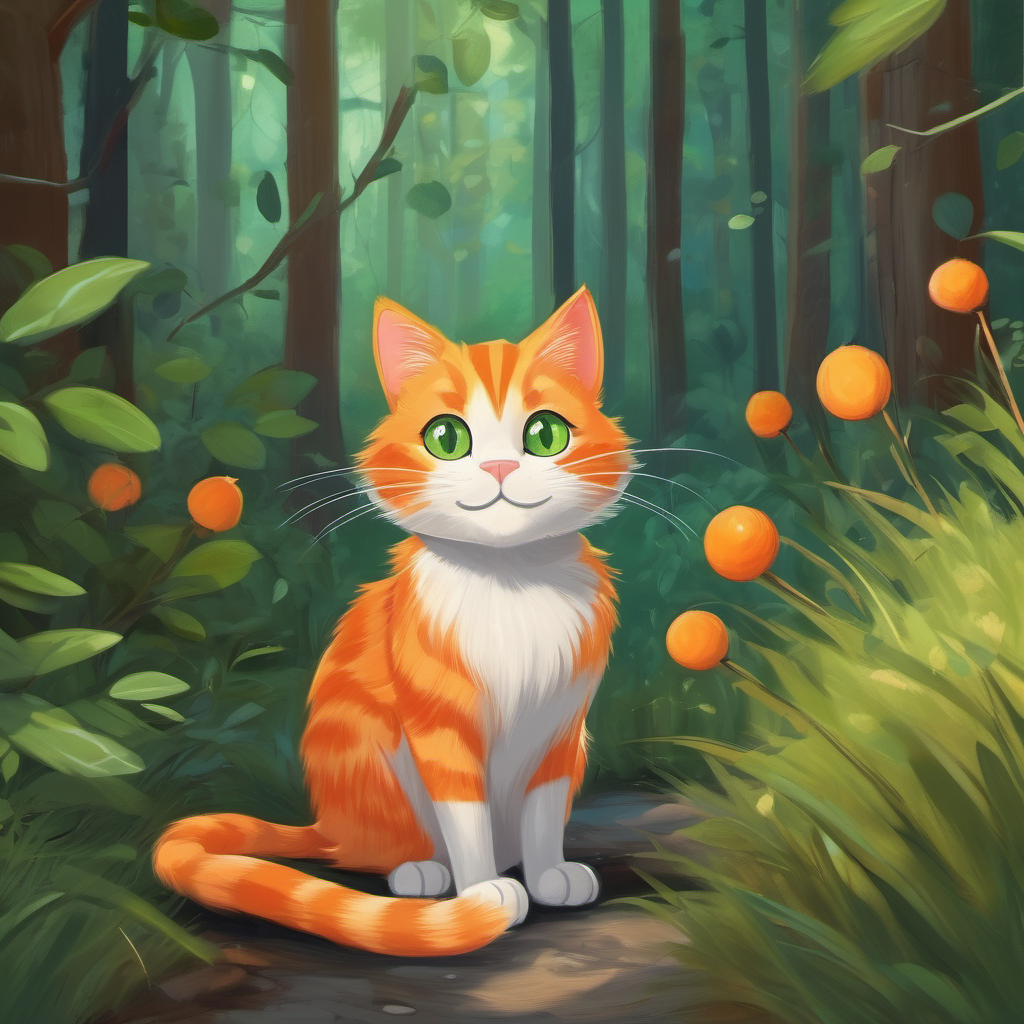 friendly orange cat with green eyes and tiny gray mouse with round ears playing together in the woods