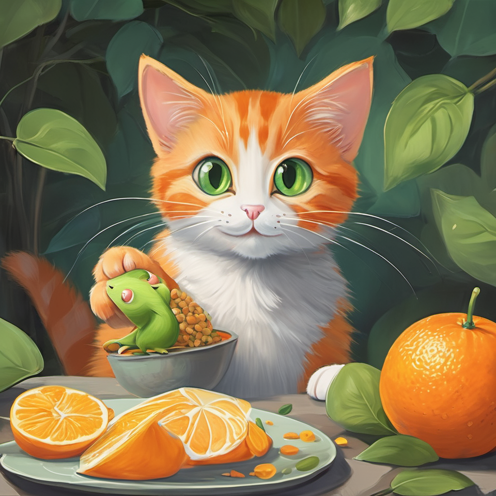 friendly orange cat with green eyes and tiny gray mouse with round ears sharing food